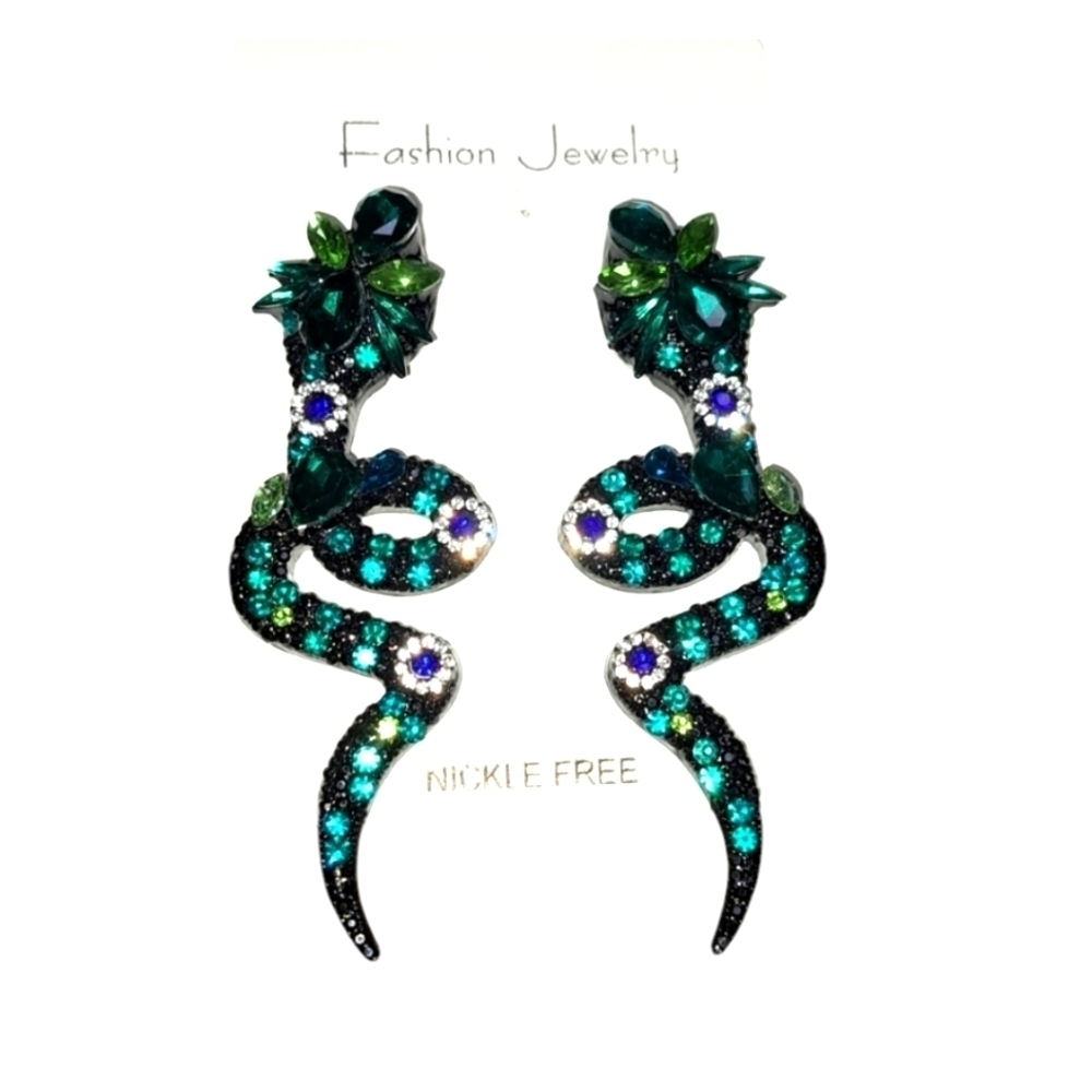 Colorful Rhinestone Snake Dangle Stud Earrings - Picture 3 of 7